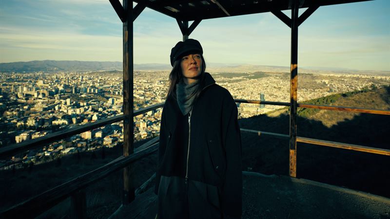 A woman at a hilltop shelter looking out over a whole city